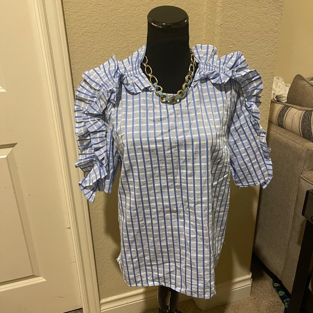 H&M Light Blue and White Striped Ruffle Blouse
